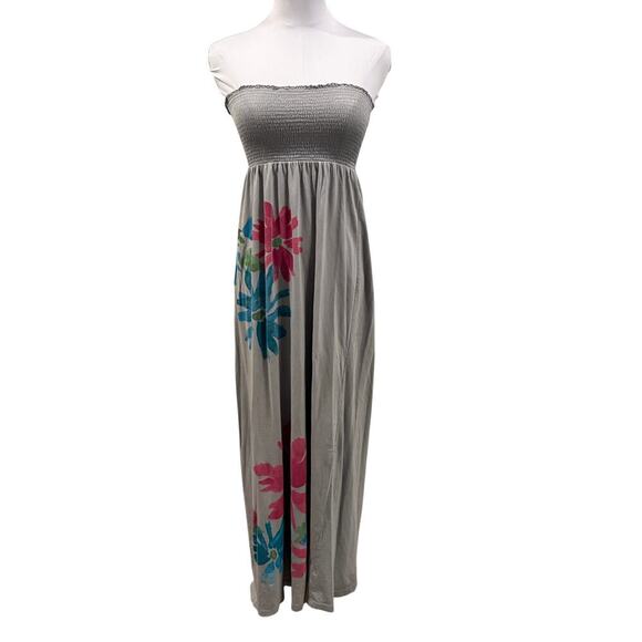 Old Navy Smocked Strapless Maxi Dress Gray Floral Boho XS Summer Vacation Cotton - Picture 2 of 7